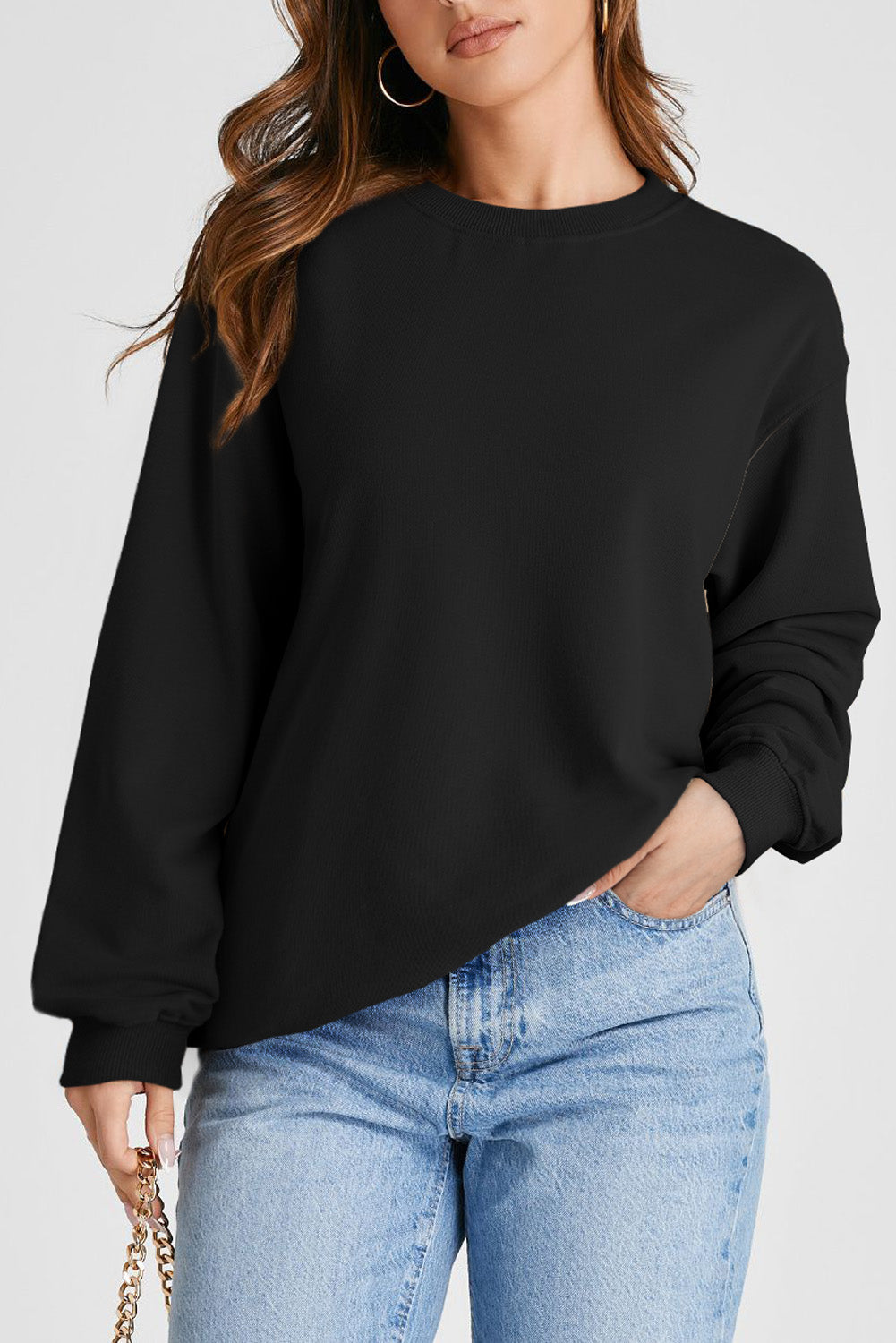 Black solid sweatshirt with dropped shoulders and crew neck