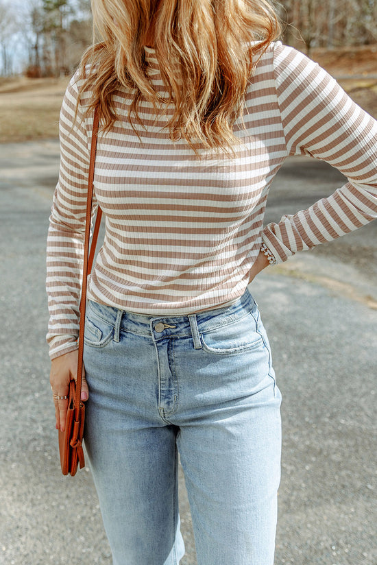 Striped Print Textured Knit Long Sleeve T-Shirt