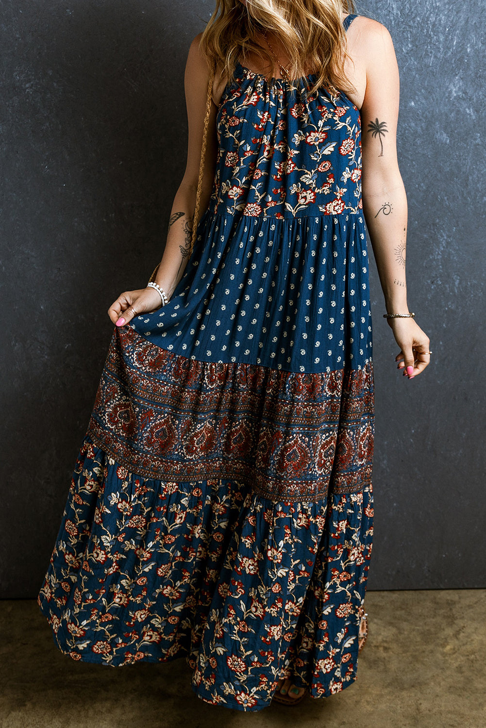 Blue Boho Floral Splicing Sleeveless Dress