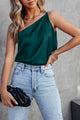 Loose one shoulder tank top in sea green satin