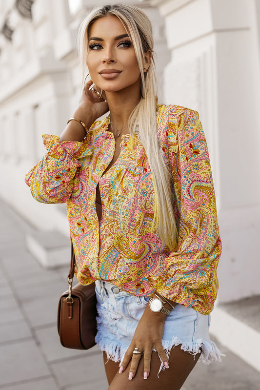 Gelbe Paisley Print Ruffen -Trim -Boho -Hemd