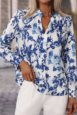 Elegant blouse with notched collar and floral blue floral print