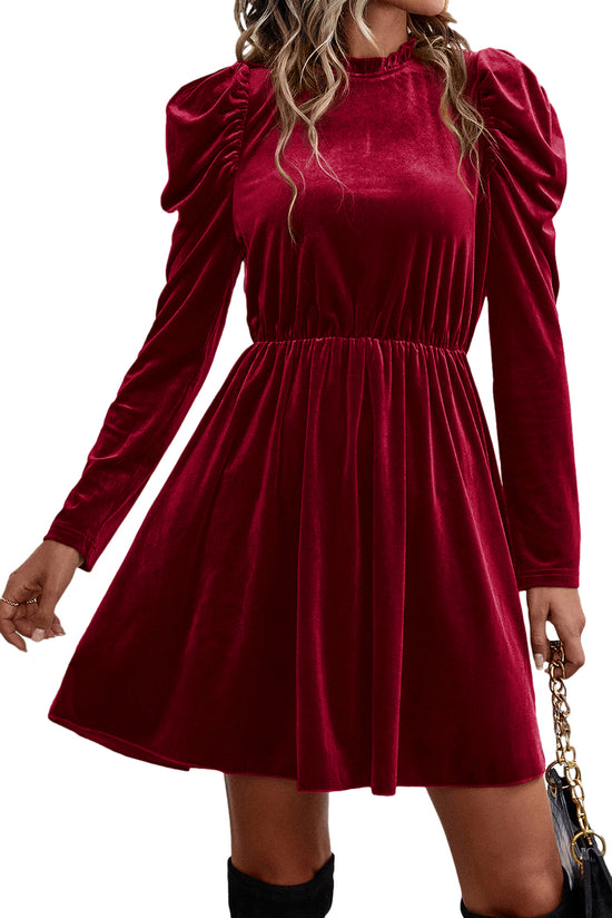 Dahlia Red Trapezius Vestido en Volanté Collar Velvet and Gigot Manges