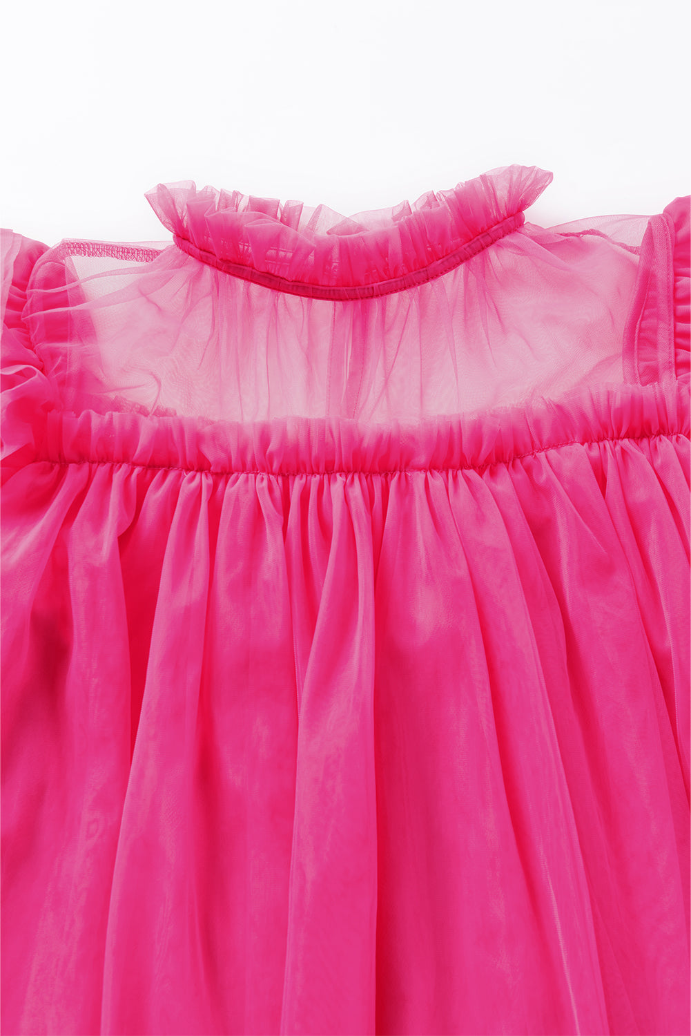 Blouse babydoll évasée à manches volantées en tulle rose fraise