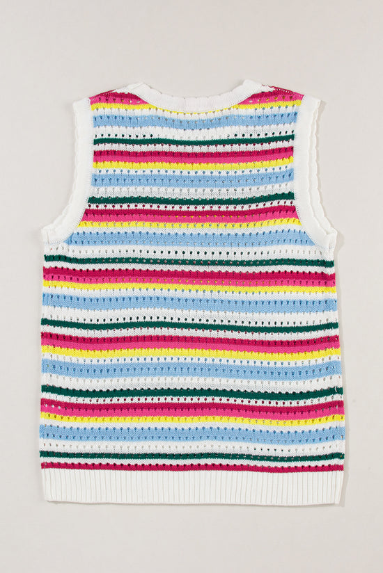 White sweater vest with colored stripes and scalloped border