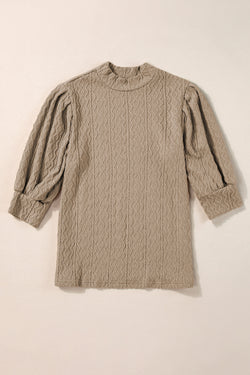 High textured vintage with puffy sleeves and Simply Taupe upright collar