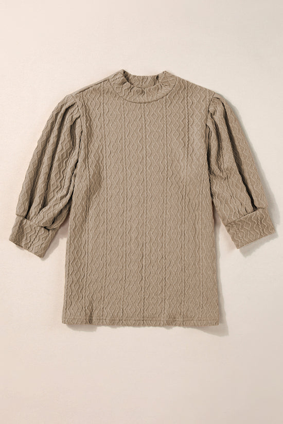 High textured vintage with puffy sleeves and Simply Taupe upright collar