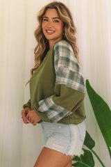 Green Plaid Waffle Knit Bubble Sleeve Top with Exposed Seams