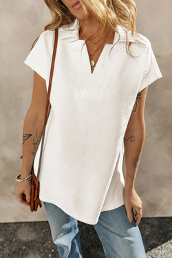 White textured high with short sleeves and V -neck