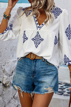 White V -neck blouse and sleeve Boho geometric print bracelet