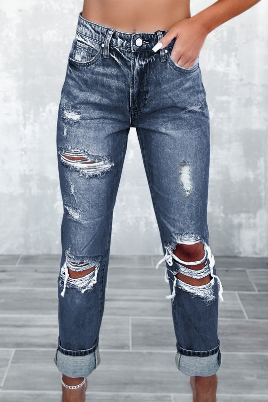 Marineblaues Lichtwäsche ausgefranster schlanker Fit High Taille Jeans