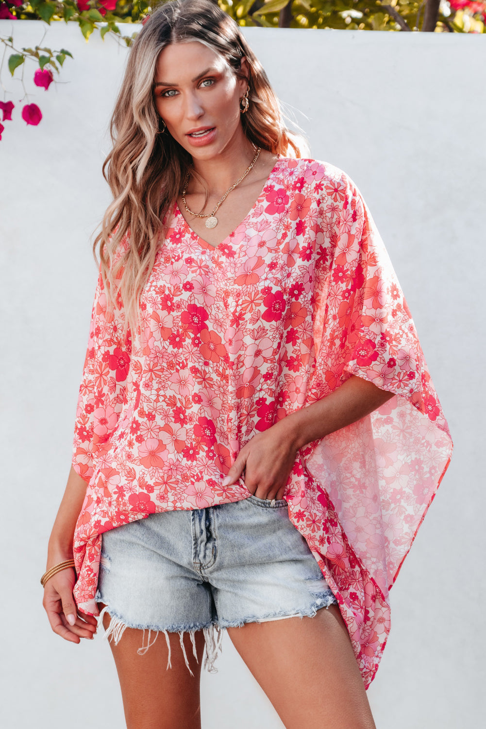 Chemisier de style kimono floral Boho Pink Boho