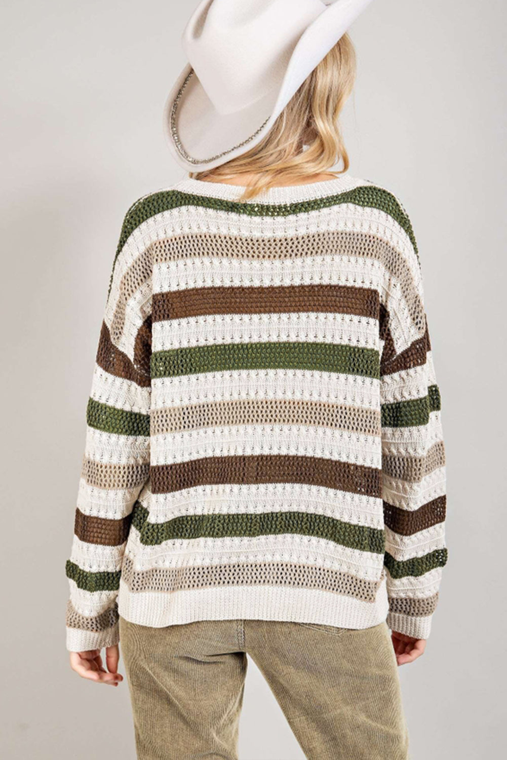 Striped crochet openwork knit sweater