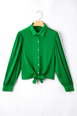 Sleeve buttoned shirt fluid balloon, dark green solid green tied on the front