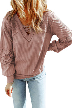 Long sleeve top and V -neck with pink lace lace straps