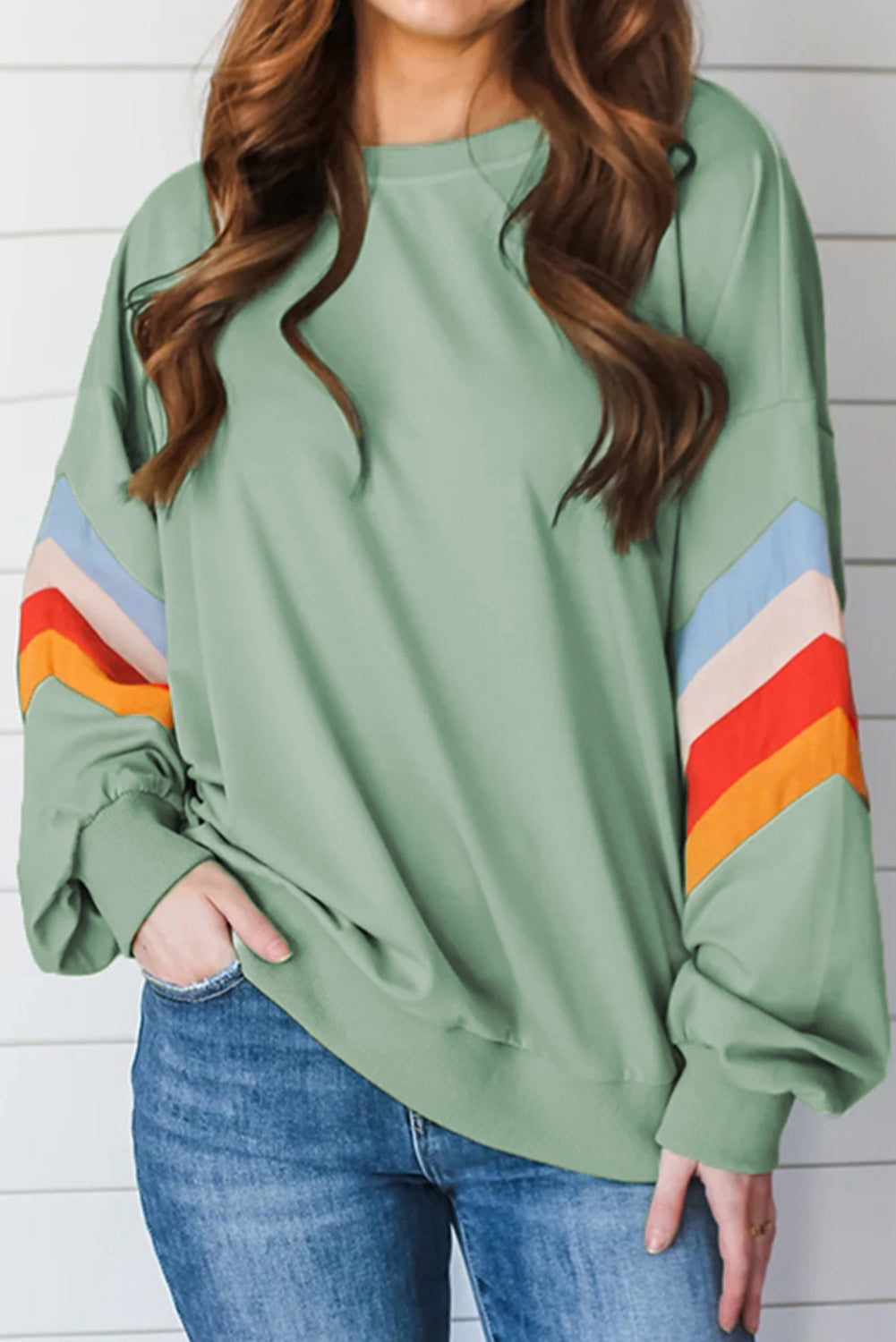 Luz de luna jade arcoiris manga rayado cuello sudadera suelta