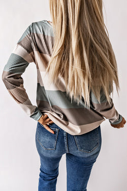 Green Color Block Long Sleeve Ribbed Top with Pocket