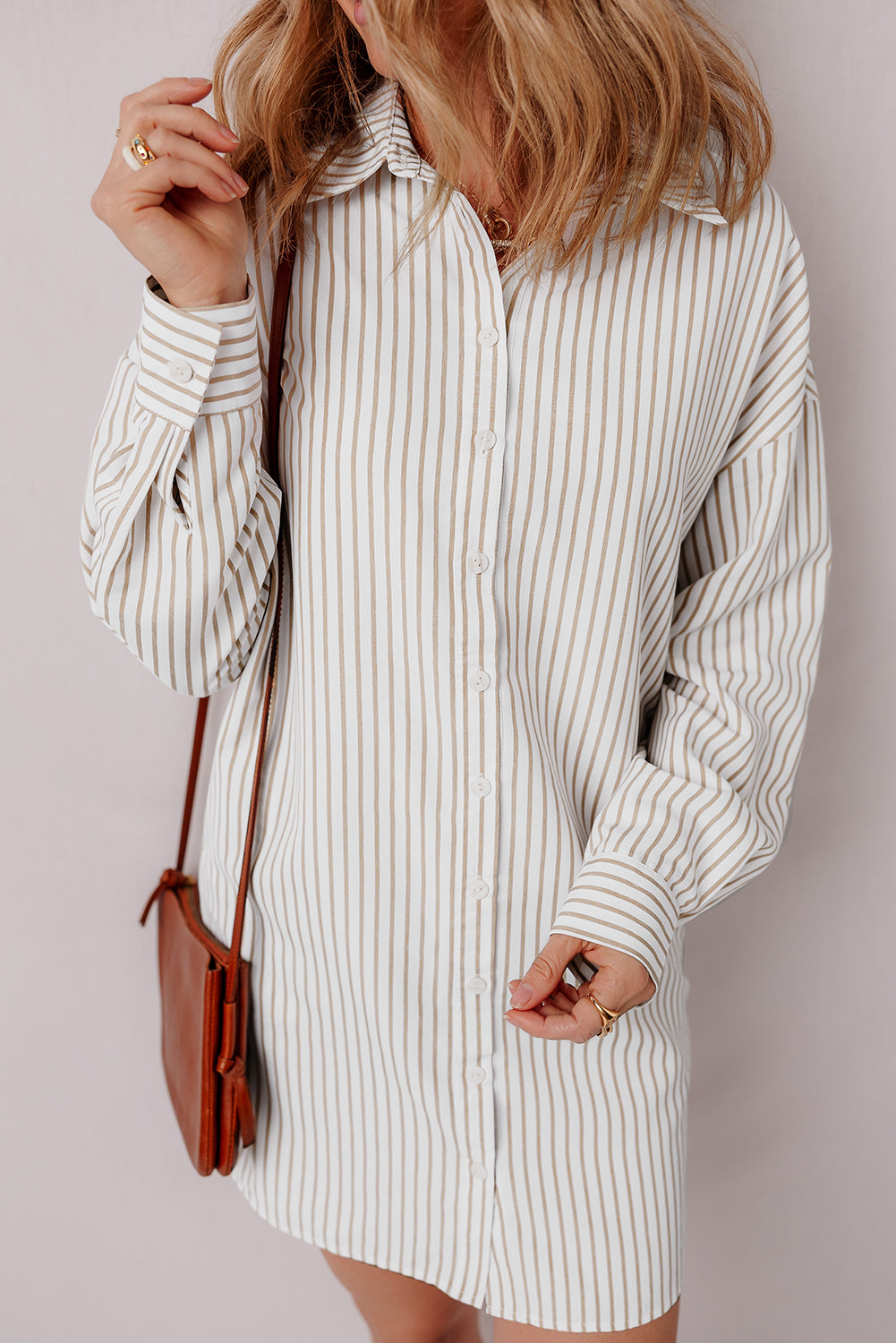 Khaki Striped Long Sleeve Button Down Shirt Mini Dress