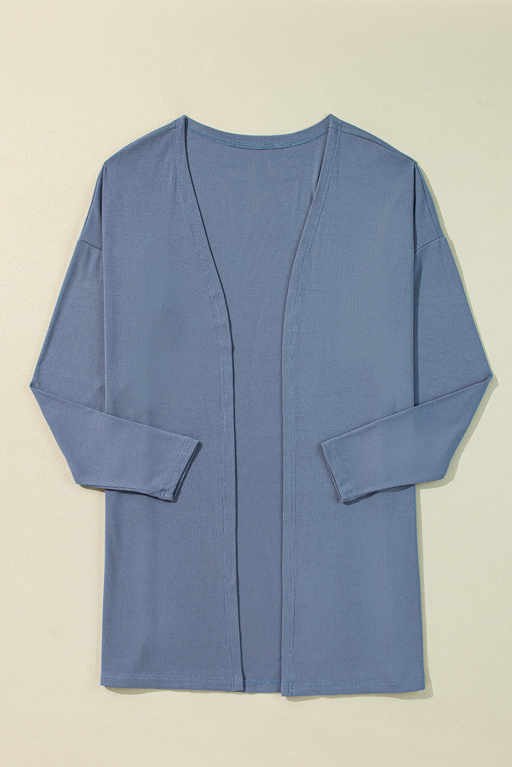 Ashleigh Solid Blue Ribbed Knit Open Front Tunic Cardigan