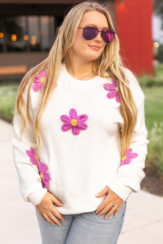 Plus Size White Drop Shoulder Crochet Flower Knit Sweater