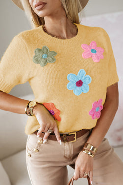 Sweater de manga amarilla corta -amarilla -amarilla con lindas flores