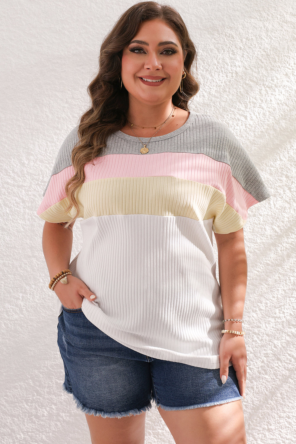 Colorlock White Patchwork Batwing Sleeve Ribbed Plus T-shirt