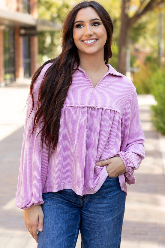 Babydoll blouse in V -neck and Phalaenopsis bubbles sleeves