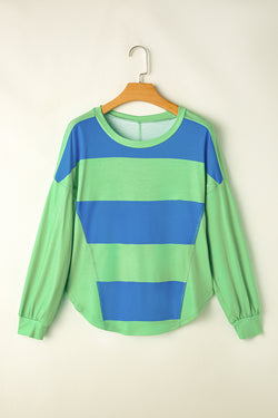 Blue color block striped loose top with dropped shoulders