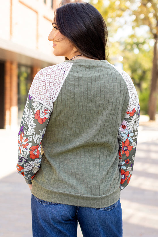 Long sleeve ribbed blouse and floral patchwork Laurel Green