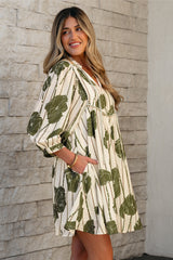 Guacamole Green Striped Floral Print Contrast Piping Puff Sleeve Dress