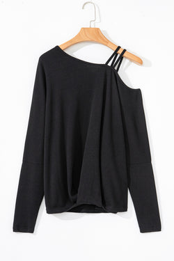 Black Asymmetrical Long Sleeve Off Shoulder Top with Straps