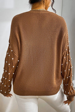 Chestnut sweater with round neck and pearl-embellished dropped shoulders