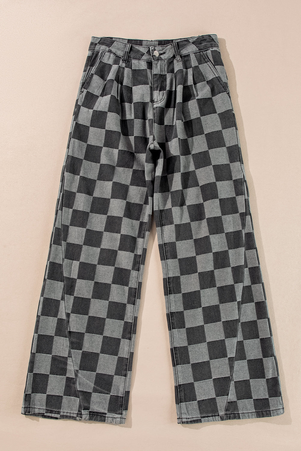 Dark Grey Plaid Denim Wide Leg Jeans