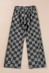 Dark Grey Plaid Denim Wide Leg Jeans
