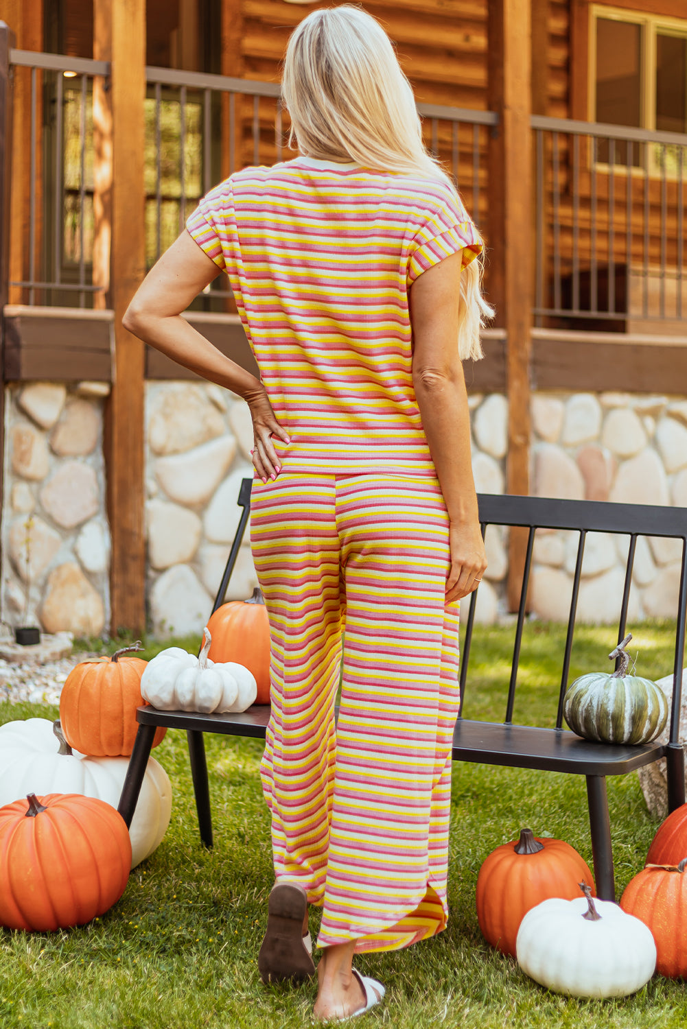 Wide leg pants set with yellow striped rainbow t-shirt and fringed string