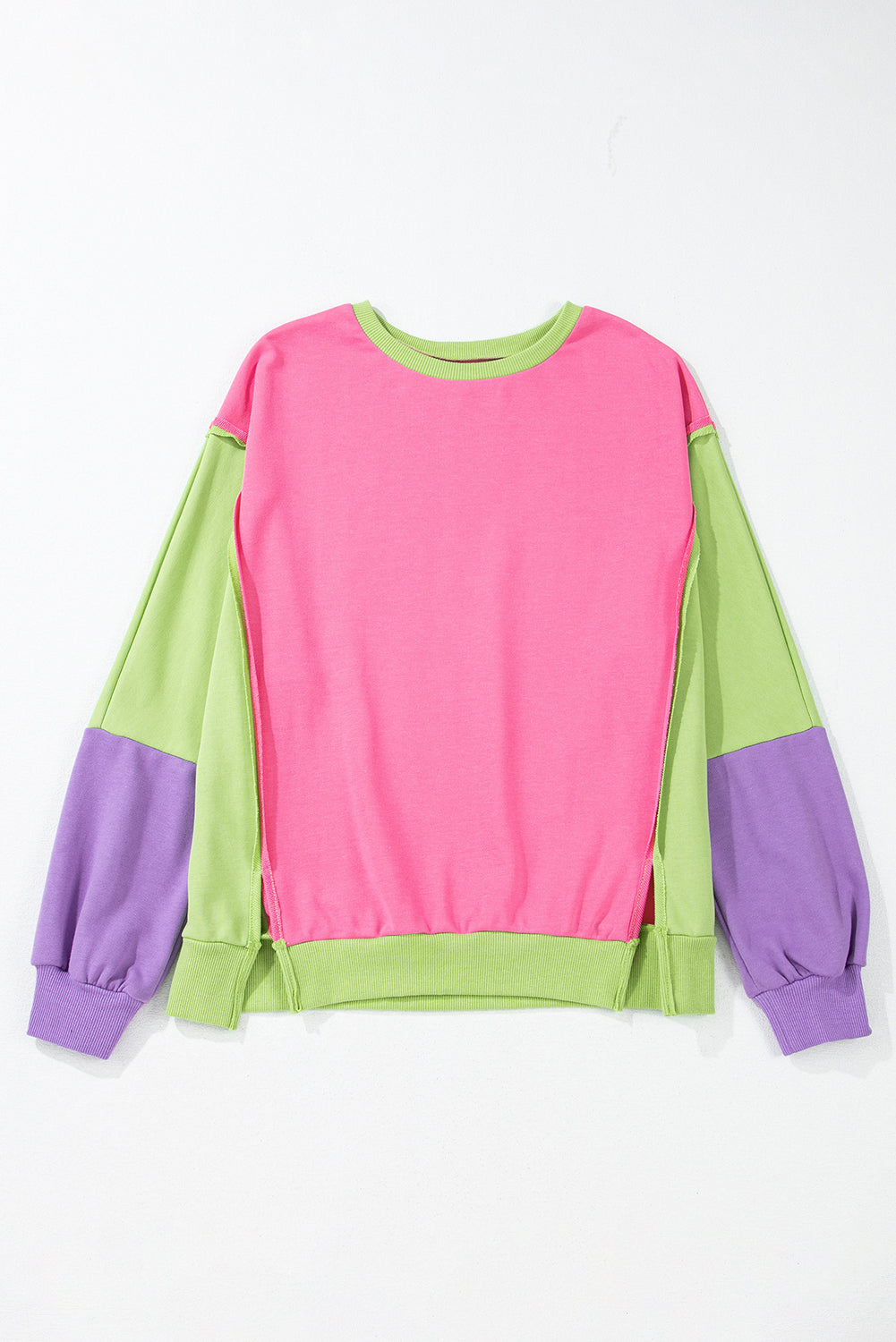 Sweat-shirt décontracté à col rond et coutures exposées color block rose