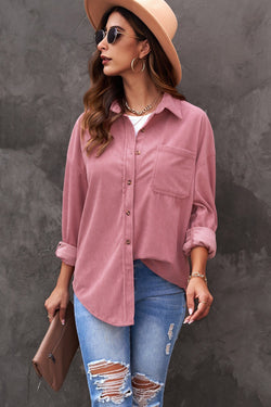 Pink shirt with ribbed velvet buttoned pocket