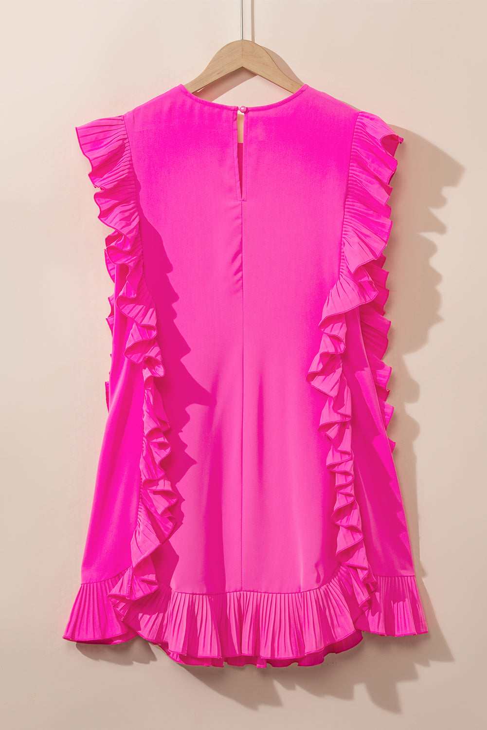 Bright Pink Solid Ruffled Edge Keyhole Back Mini Dress