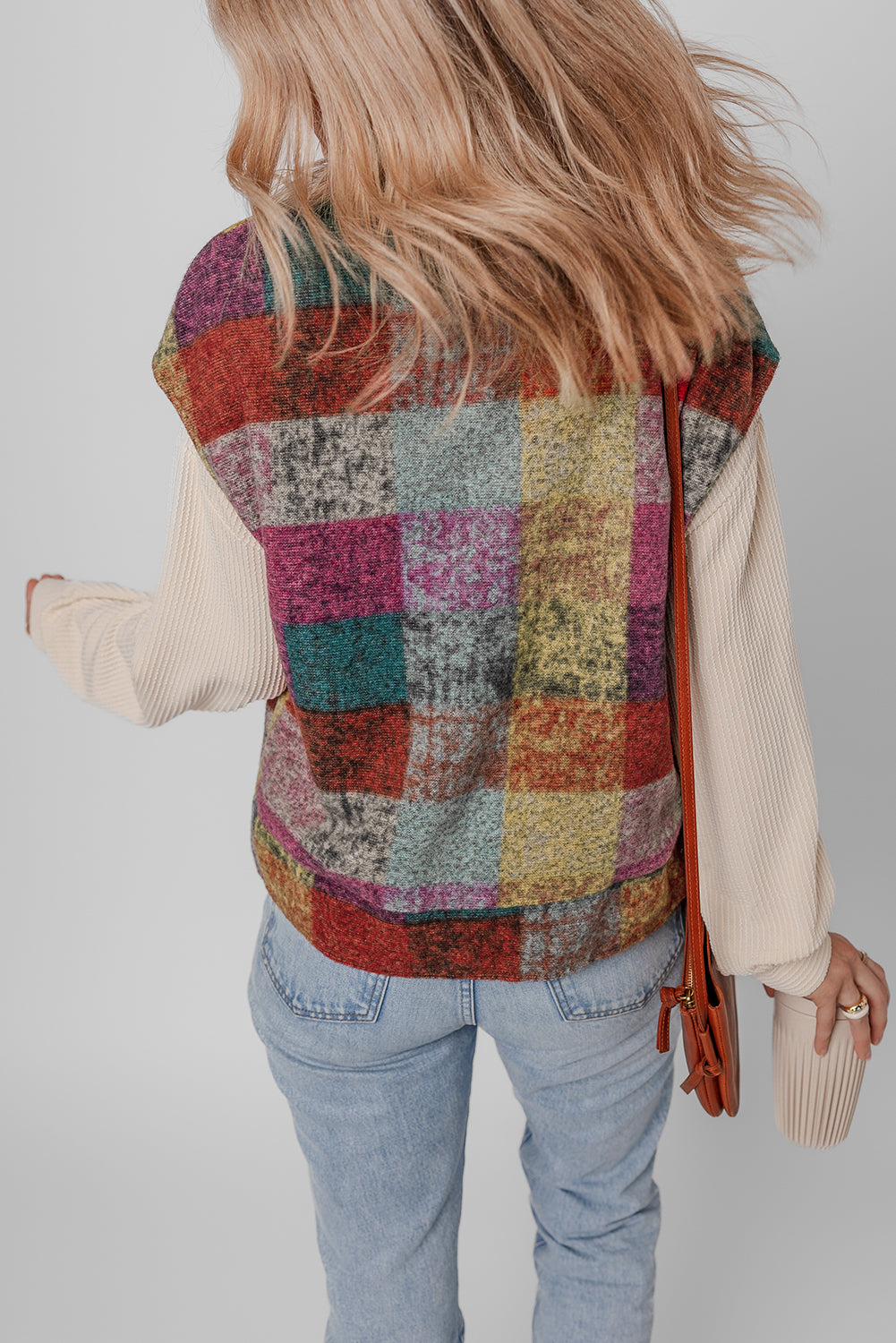 Gilet ample zippé à imprimé écossais multicolore avec poches latérales