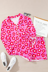 Ensemble pyjama chemise et short à manches longues et imprimé fleurs roses-A WOMAN WE LOVE