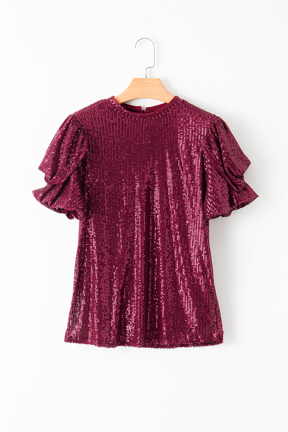 Burgund glitzernde Pailletten Kurzblasenbluse