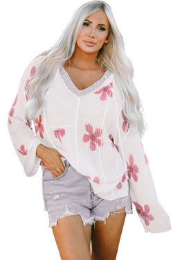 White lightweight knit hoodie with floral print