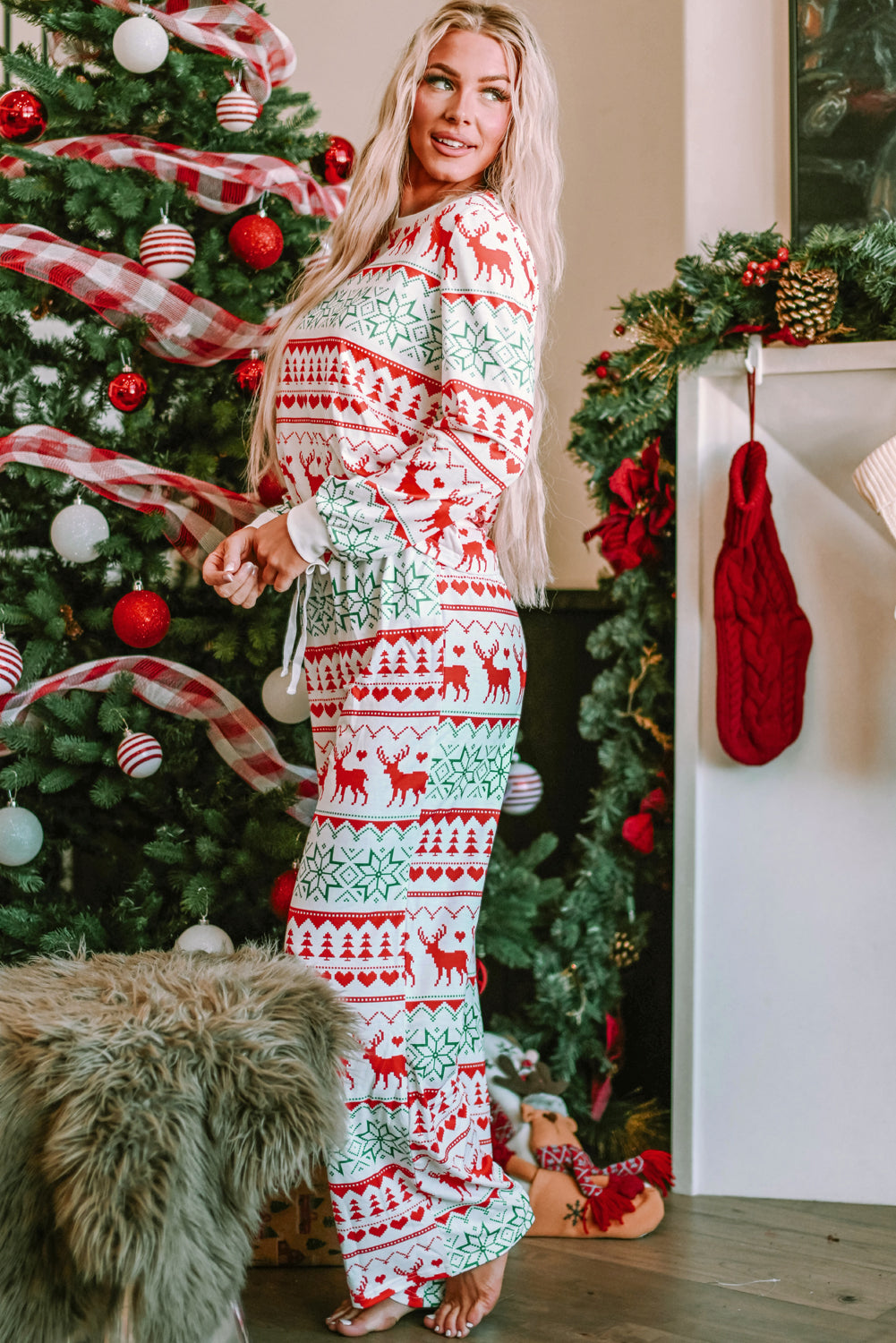 Ensemble de salon pull et pantalon à imprimé de Noël blanc