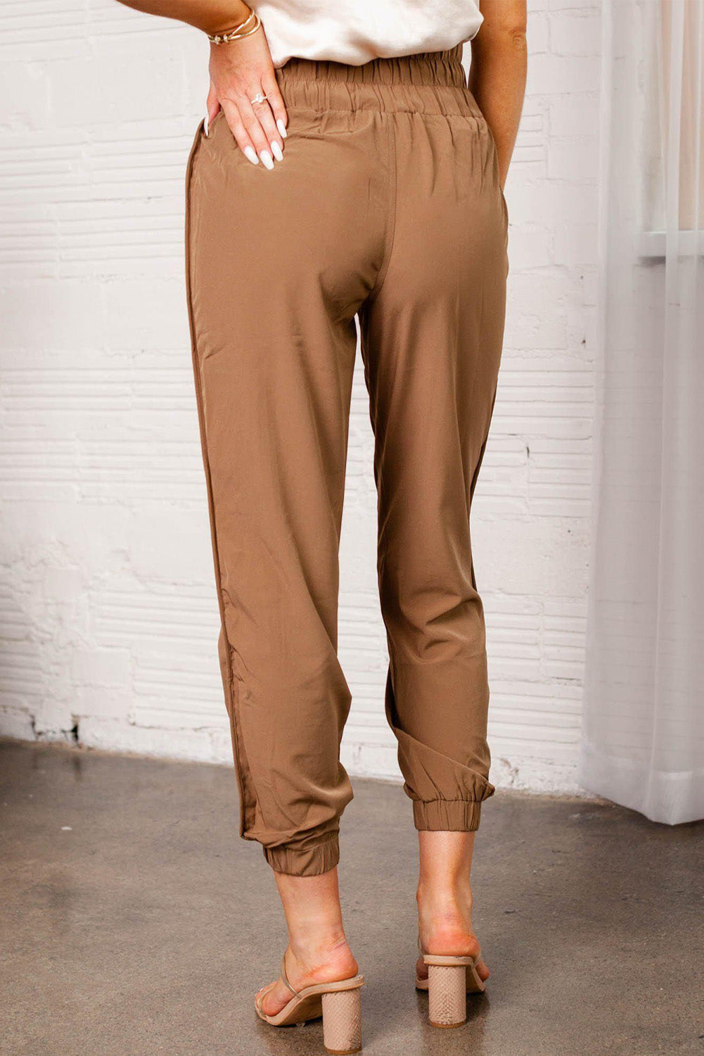 Khaki Smocked Elastic High Waist Joggers