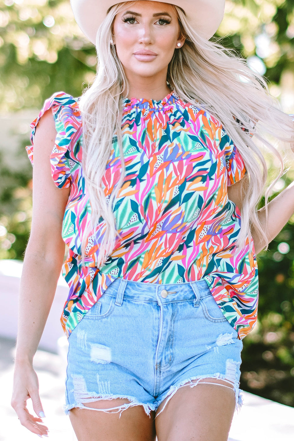 Rose Red Floral Print Ruffled Flutter Sheve Blouse