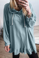 Icelandic Blue Loose Fit Tunic Hoodie with Solid Ruffle Hem