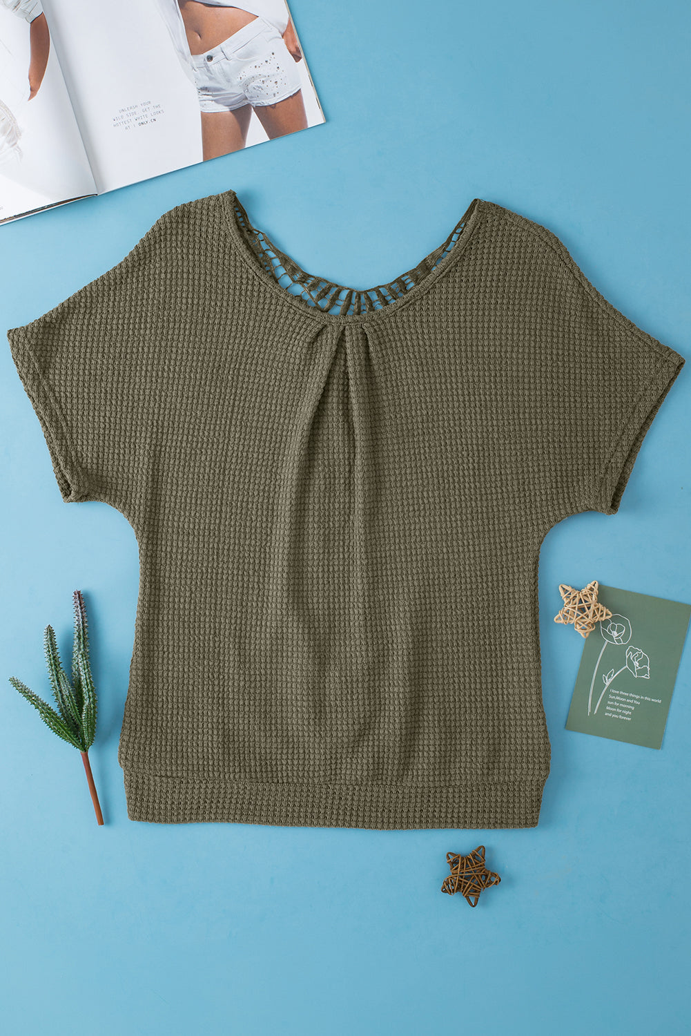 Moss Green Guipure Lace Patch strukturiertes T-Shirt