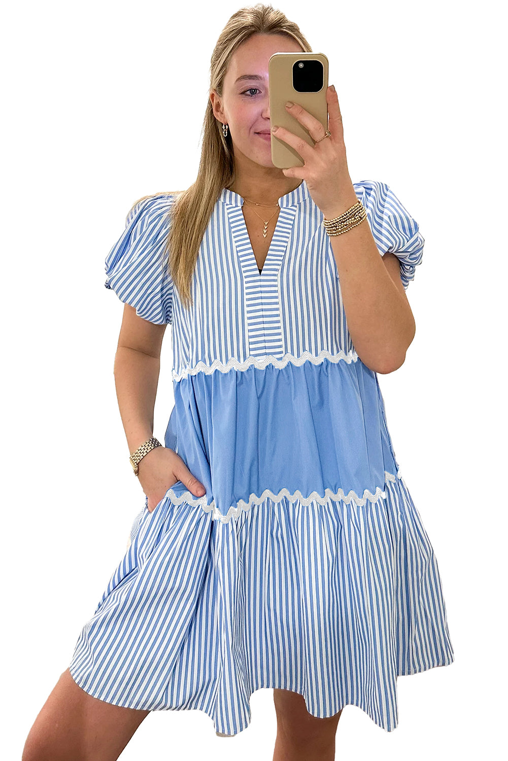 Himmelblauer Ric Rac Striped Bubble Sleev gegen Nackenkleid