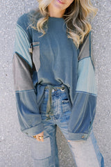 Twilight Blue Color Block Stitching Patchwork Button Up Long Sleeve Top