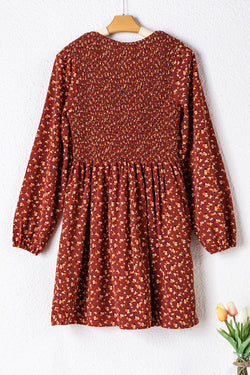 Brown mini dress with smocked floral bodice